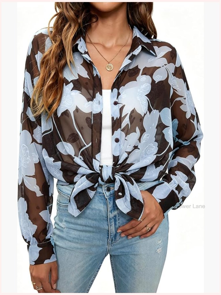 Floral Blouse Long Sleeve Button Down V Neck Chiffon Sheer Tops